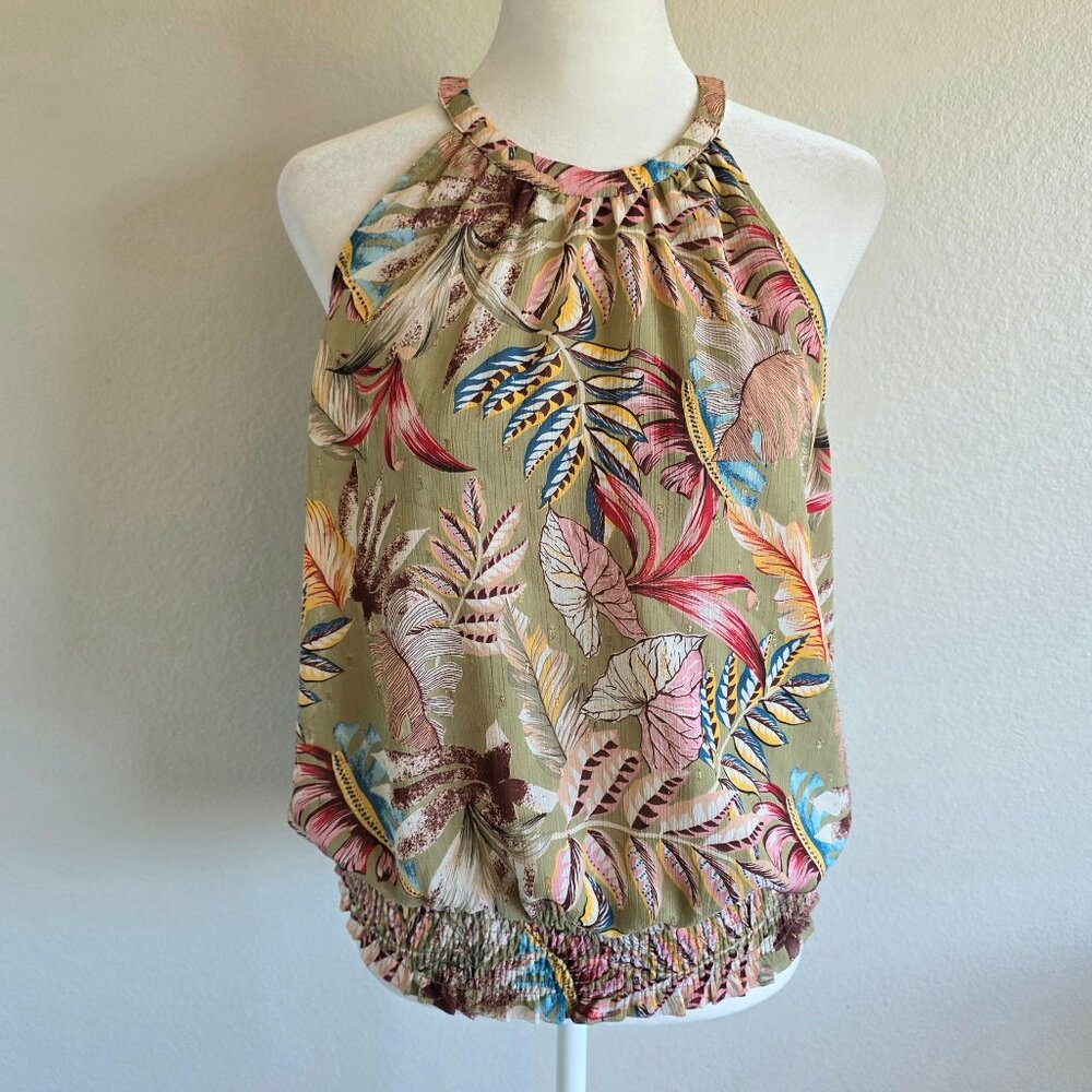 Joie Blouse Top Floral Leaves Halter Sleeveless Gold Shimmery Accent Lined Large